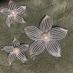 Silver and Pearl Flower Brooch Set